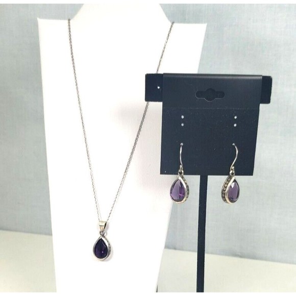 Vintage Sterling Silver 925 Amythist Teardrop Pendant Matching Earrings with 18" - Picture 3 of 12